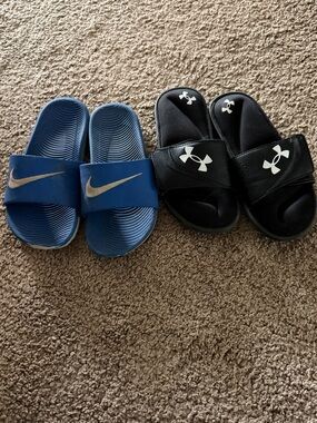 Nike Kids Blue Slide Sandals with Swoosh and under armour sandals